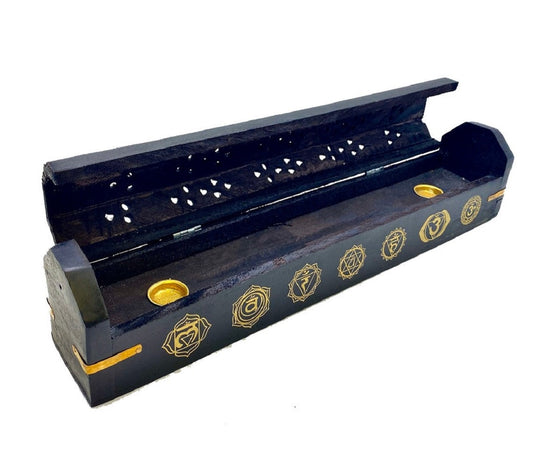 Incense burner wooden Box ~ Chakra Design Ash Catcher with storage DC-OMSutra