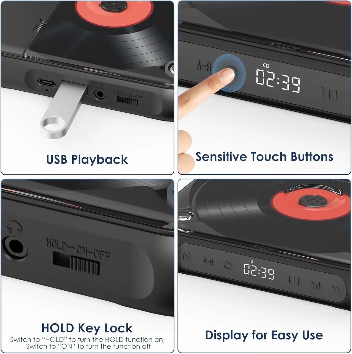 Portable Bluetooth CD Player USB-C Quick Charging gift for Study Music Grandparents Black AI SHOP OF THE FUTURE