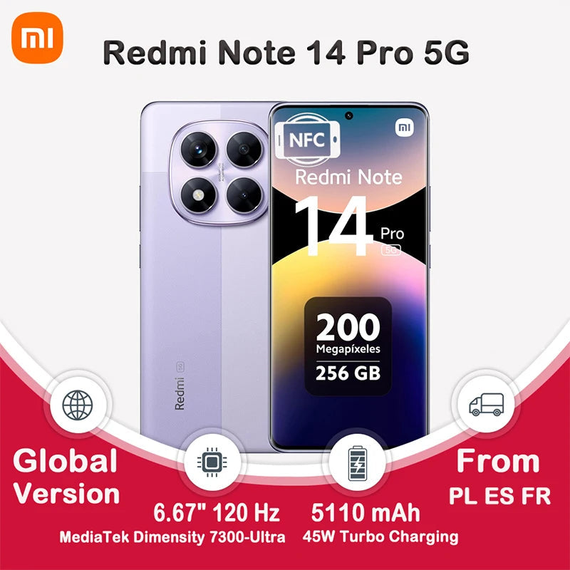 Global Version Redmi Note 14 Pro 5G NFC Smartphone Size 7300 + 200MP Camera 1.5K 120Hz AMOLED Display Screen AI SHOP OF THE FUTURE