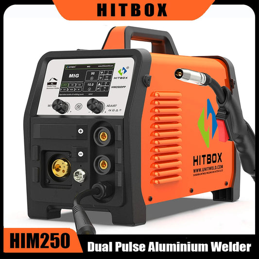 HITBOX 200A MIG Dual Pulse Aluminium Welding Machine 8 in 1 MMA/Syn Gas MIG/Gasless MIG/Lift TIG/Spot Welding/Spool Gun HIM250 AI SHOP OF THE FUTURE